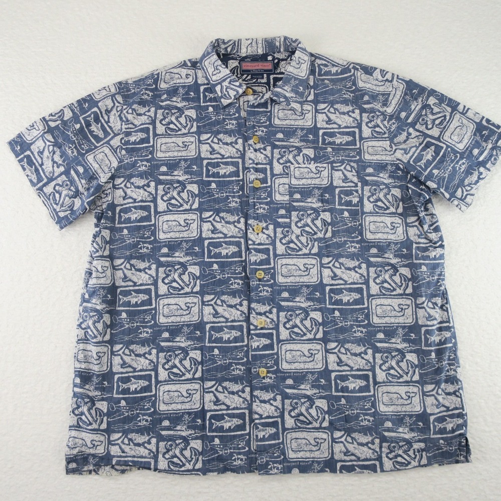 Vineyard Vines Short Sleeve Button Up Hawaiian Shirt Mens‎ Large Blue Cotton